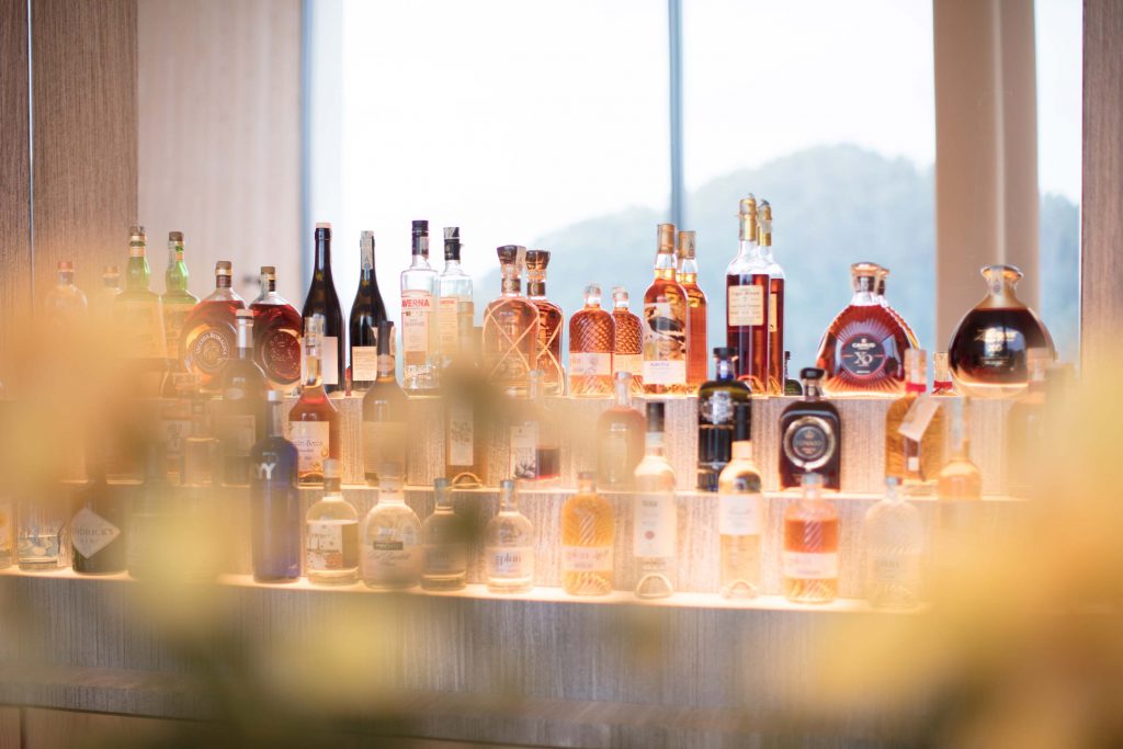 Extravagant Bottles of Liquor in the hotel bar of the Boutique Hotel Schgaguler